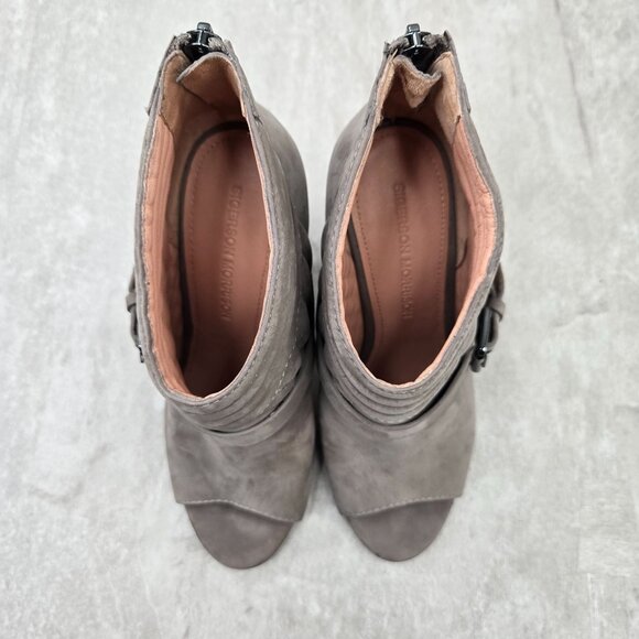 Peep Toe High Heel Boots Suede Gray Quilted Buckle Moto Dress Ankle Booties Sz 7 - Picture 2 of 12